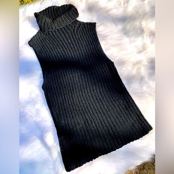 Vintage 90s J. CREW Cable Knit Black Turtleneck Sleeveless Sweater Blouse Small - Picture 1 of 15